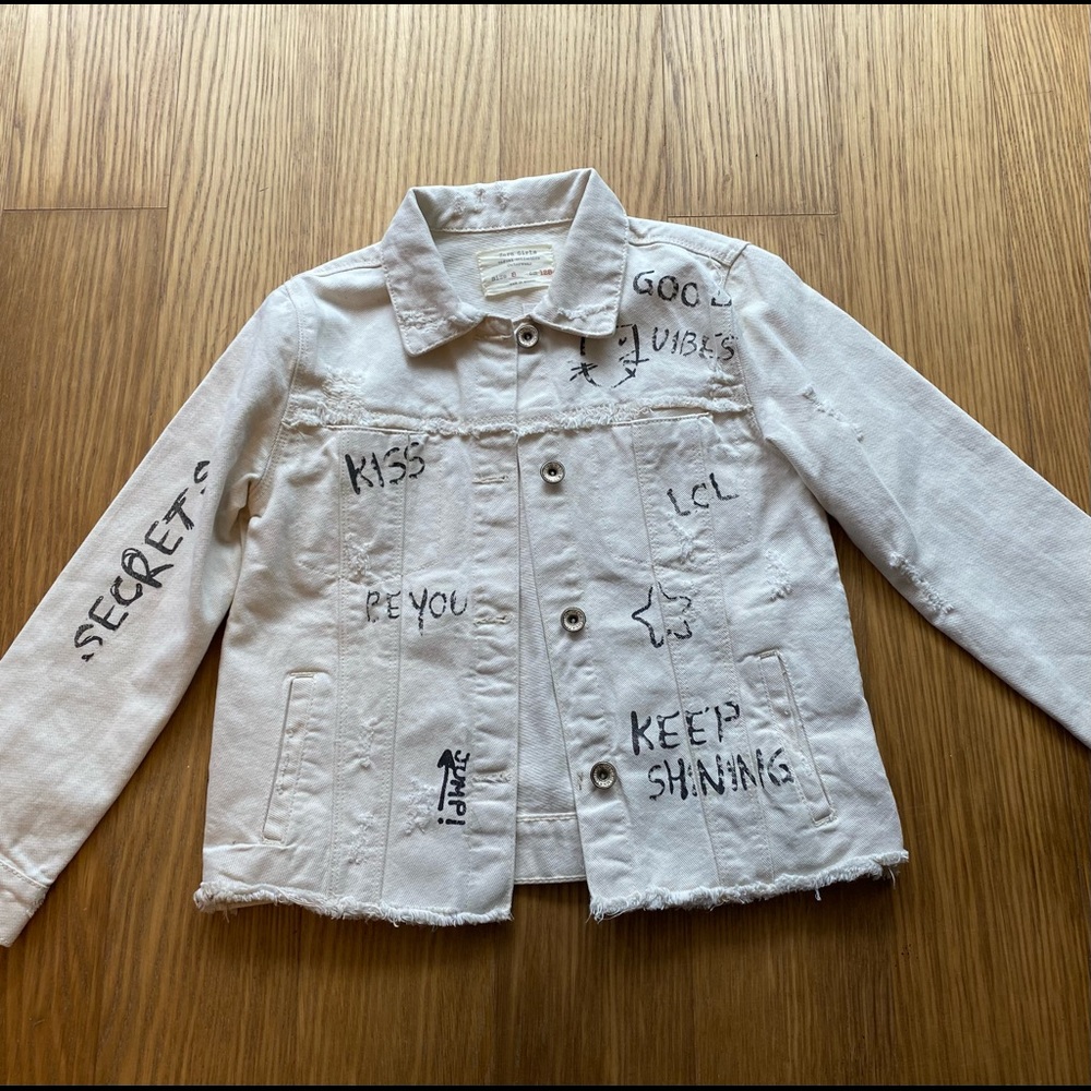 Zara Girls Casual Collection Street Art Denim Jean Distressed Jacket Size 8